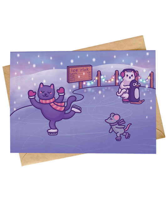 Ice Skating Cat Christmas Card | Cute & Funny Festive Illustration